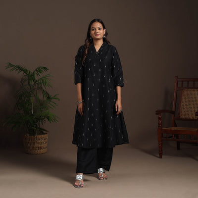 Black - a-line buti work spun dupion silk plain kurta set
