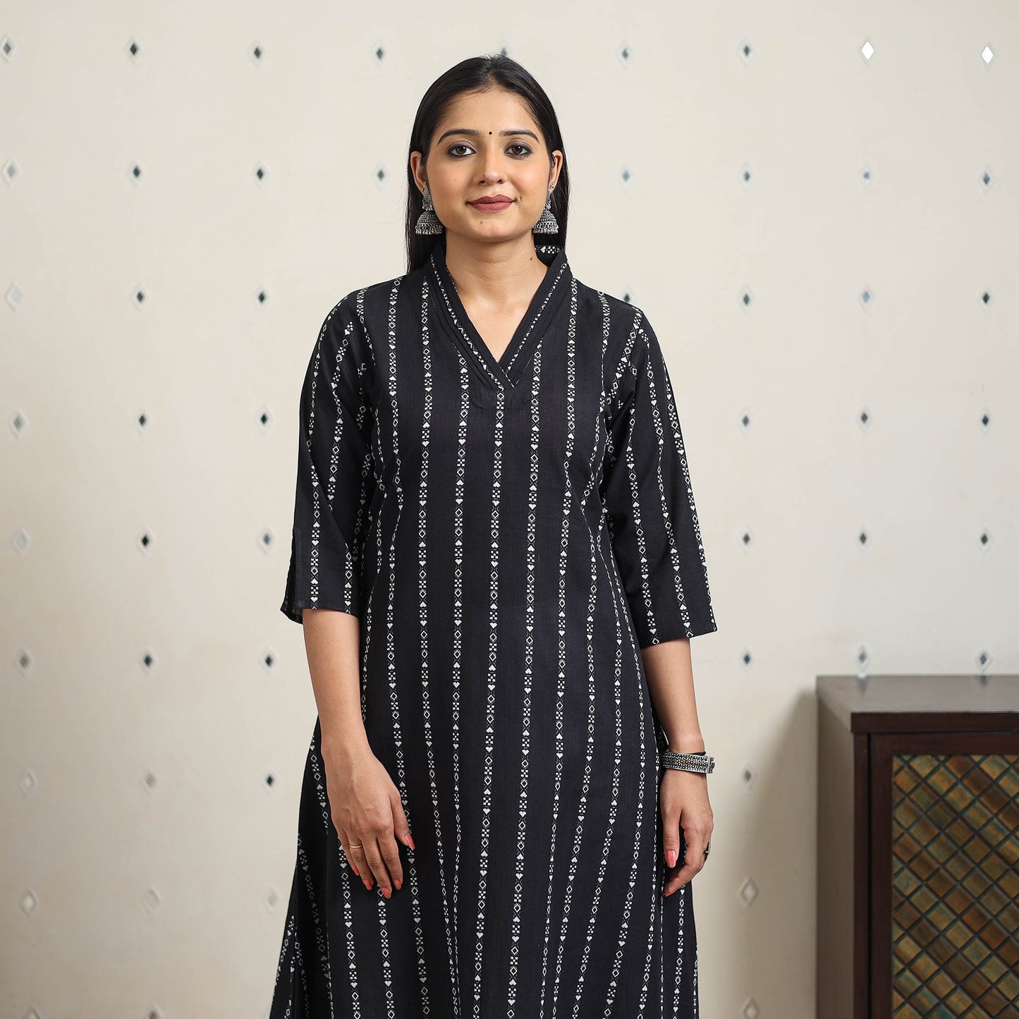 Black A-Line Cotton Jacquard Kurta