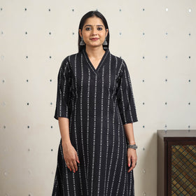 Black A-Line Cotton Jacquard Kurta