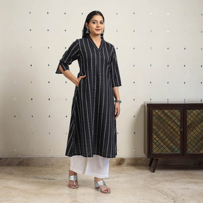 Black A-Line Cotton Jacquard Kurta