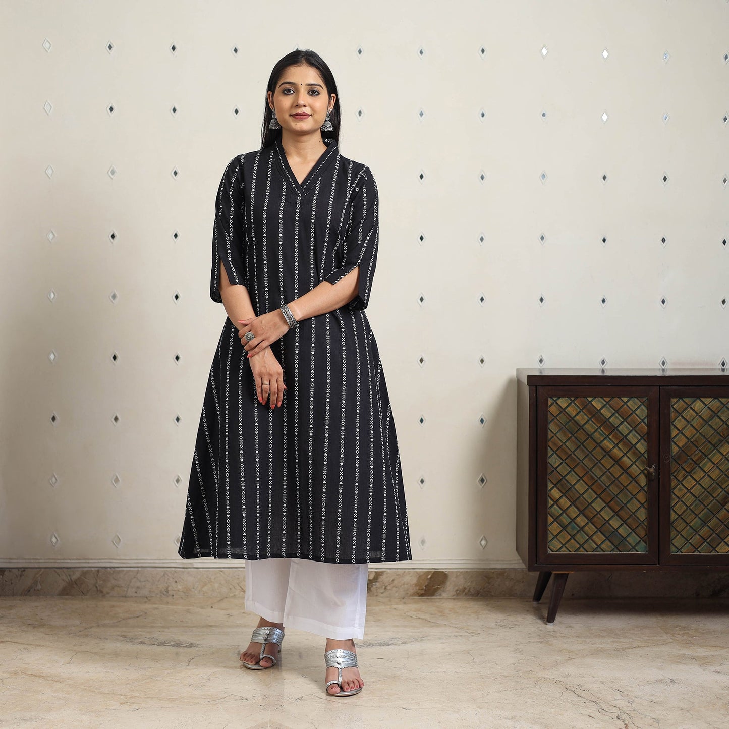 Black A-Line Cotton Jacquard Kurta