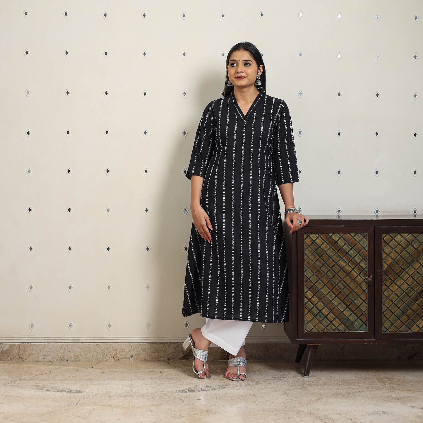 Black A-Line Cotton Jacquard Kurta