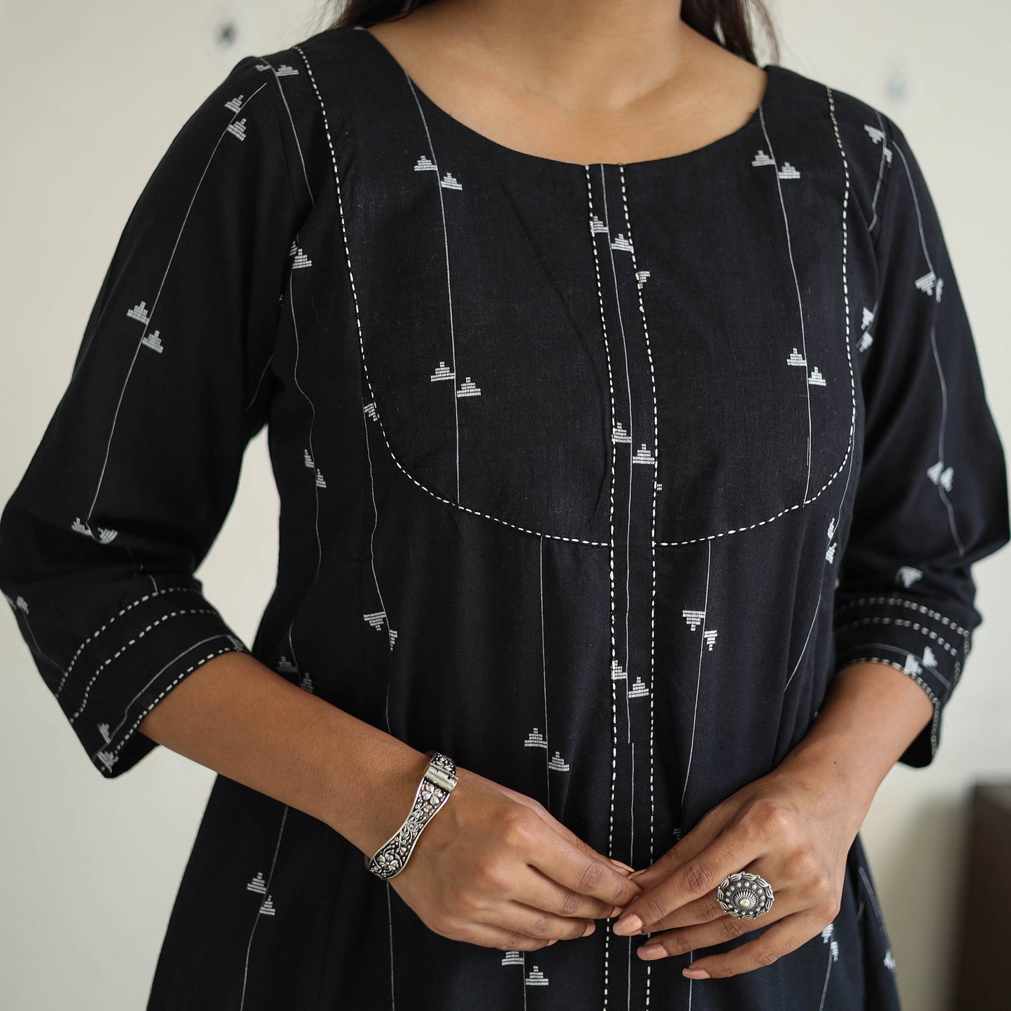 Black A-Line Cotton Jacquard Kurta