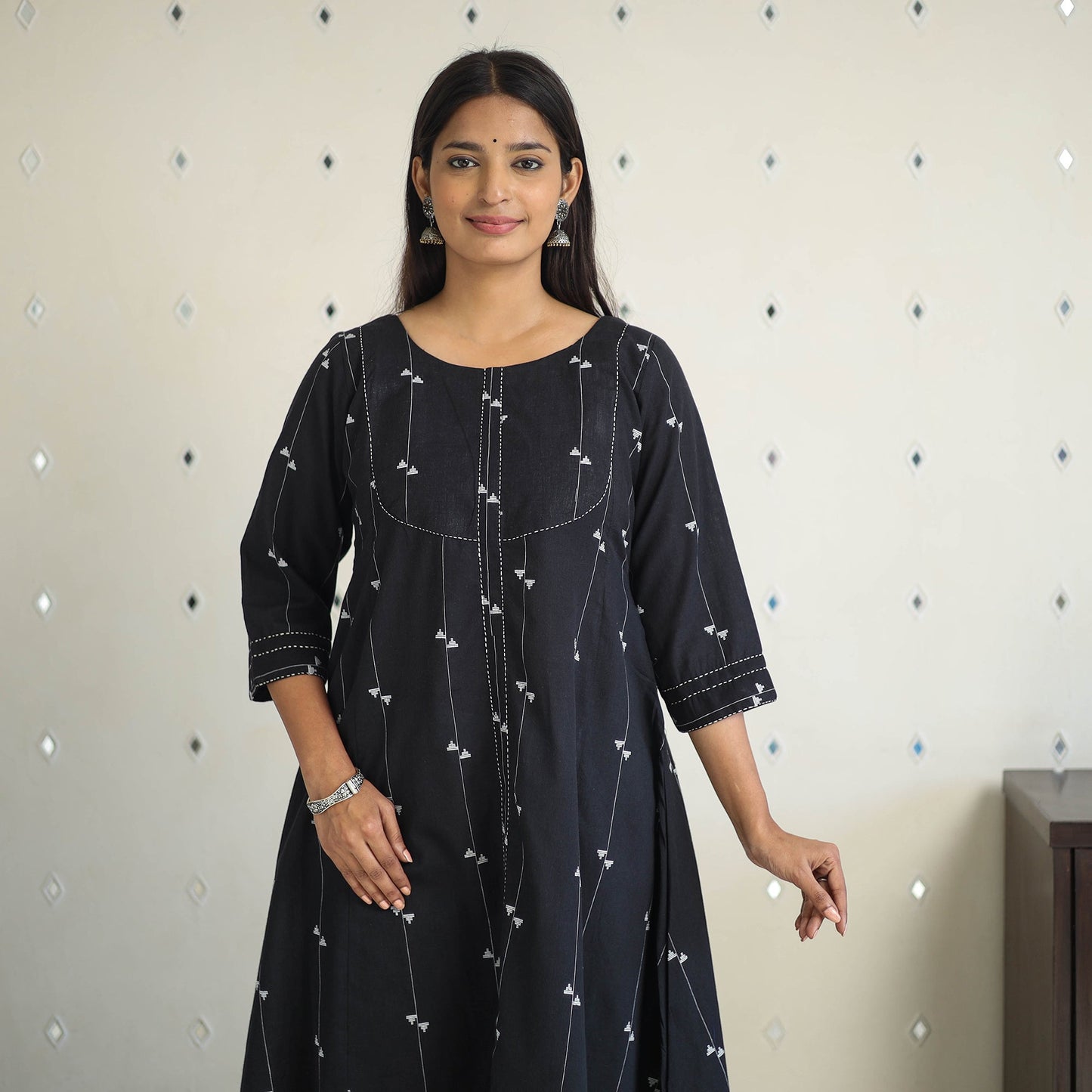 Black A-Line Cotton Jacquard Kurta