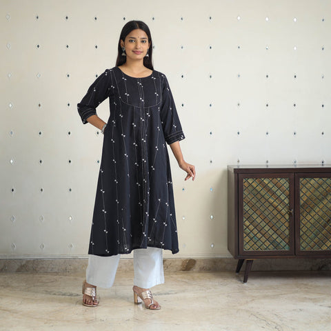 Black A-Line Cotton Jacquard Kurta
