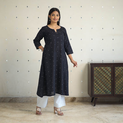 Black A-Line Cotton Jacquard Kurta