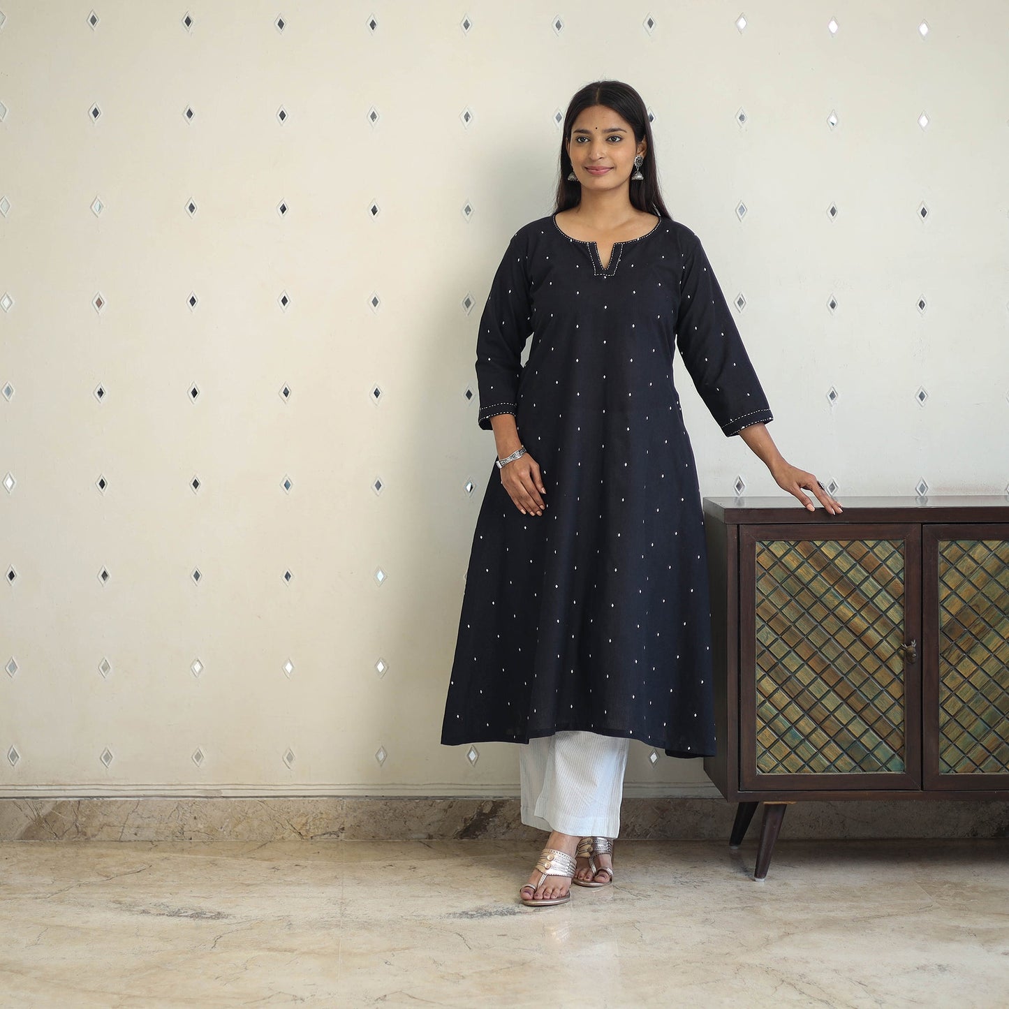 Black A-Line Cotton Jacquard Kurta