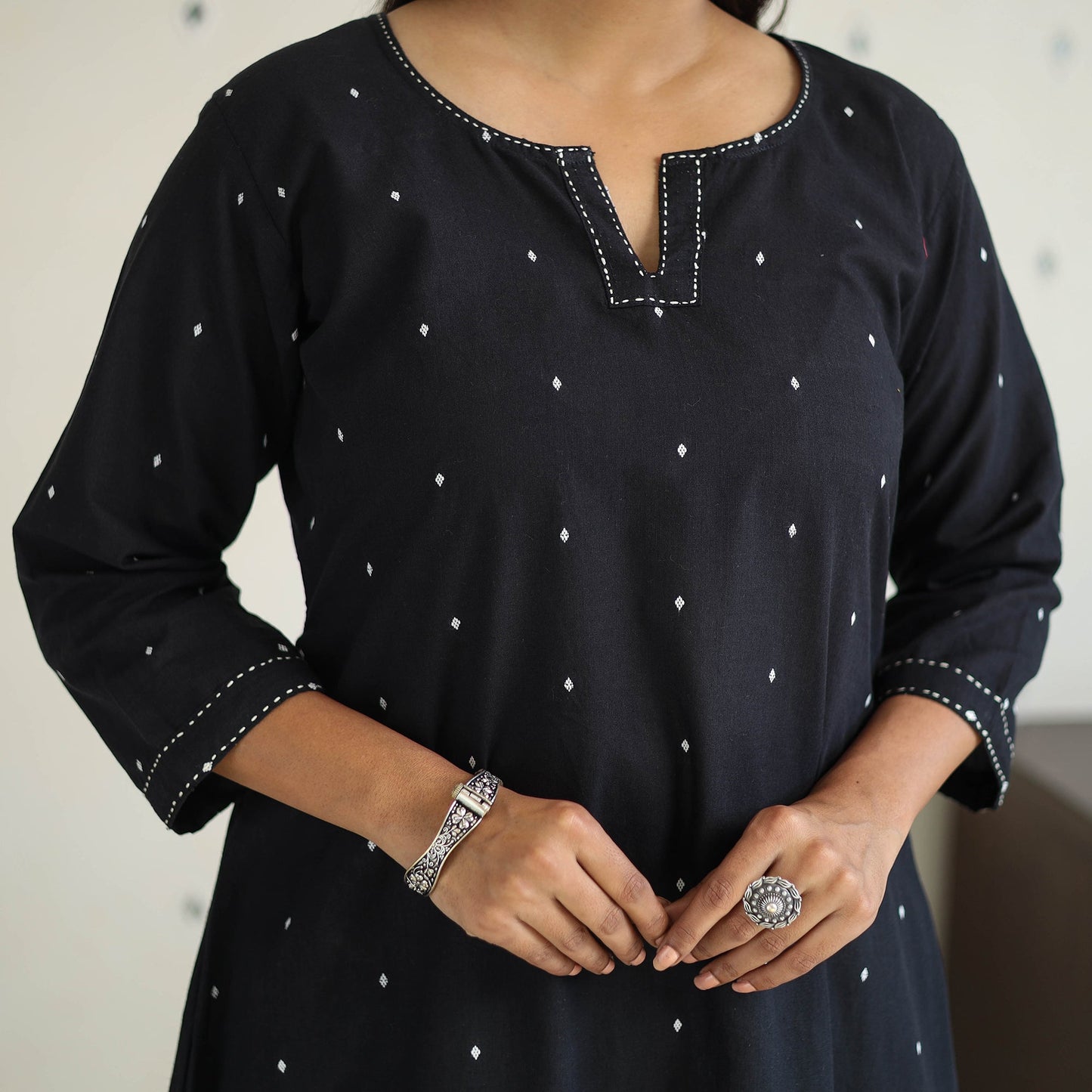 Black A-Line Cotton Jacquard Kurta