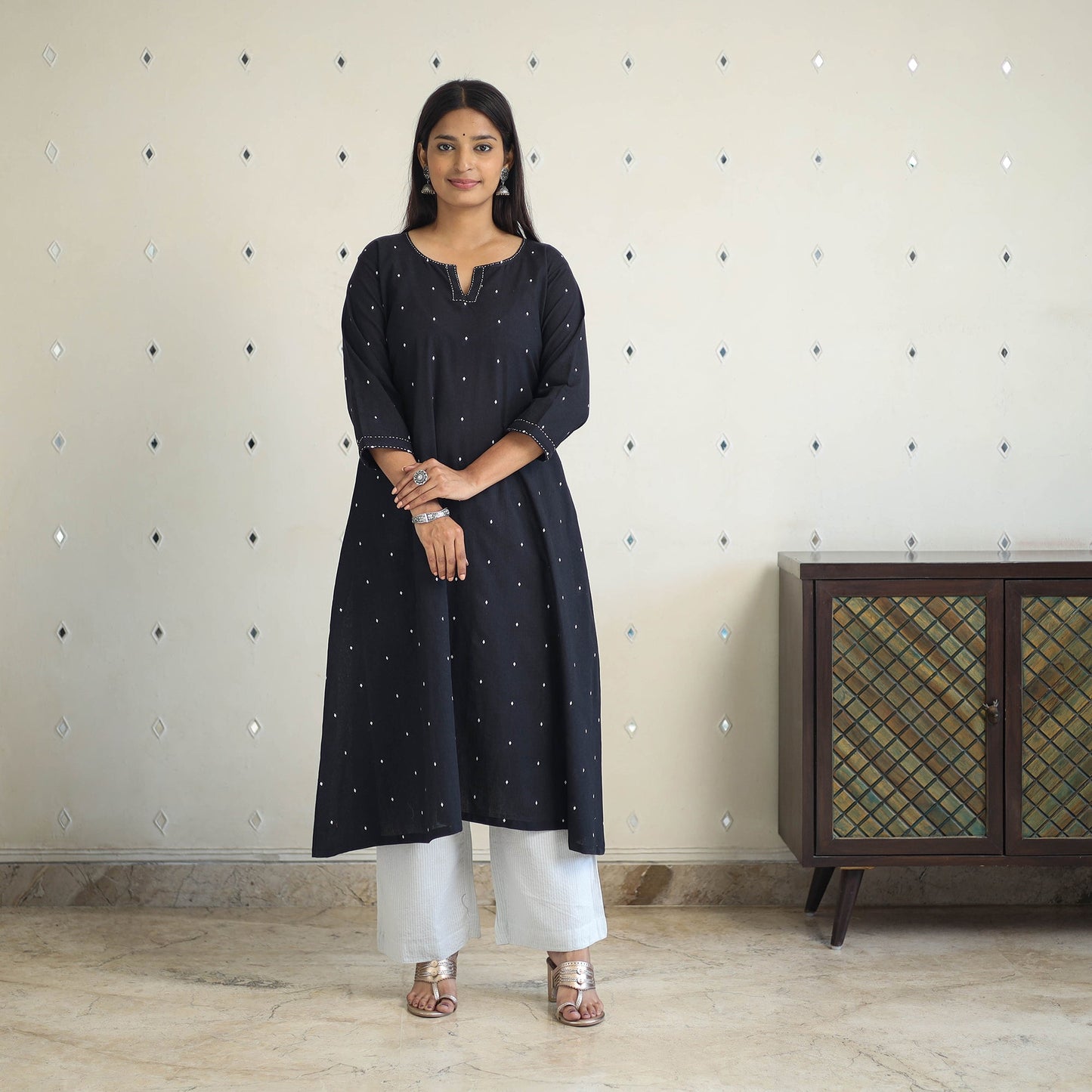 Black A-Line Cotton Jacquard Kurta