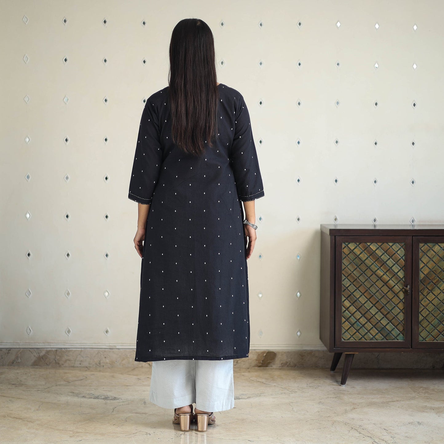 Black A-Line Cotton Jacquard Kurta