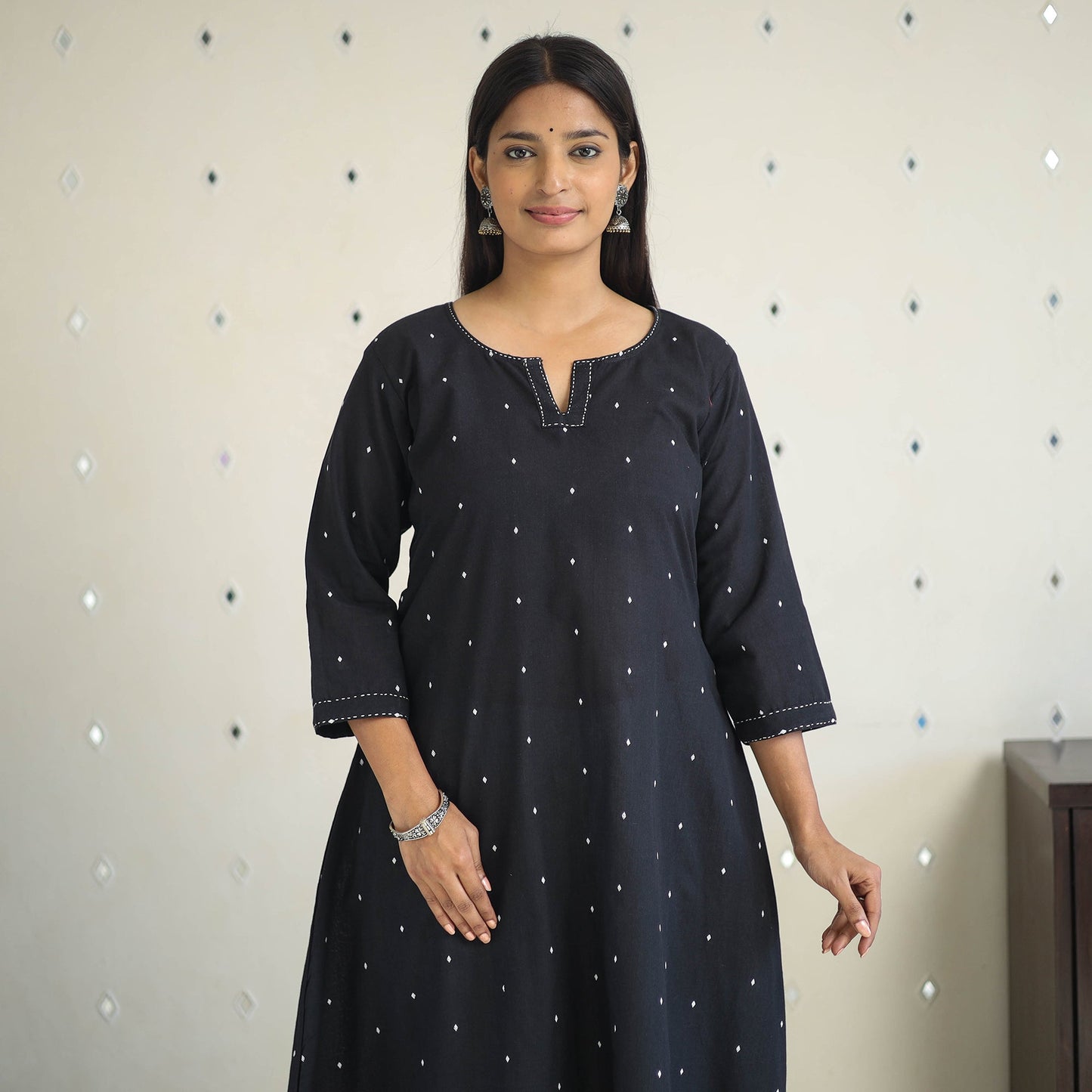 Black A-Line Cotton Jacquard Kurta