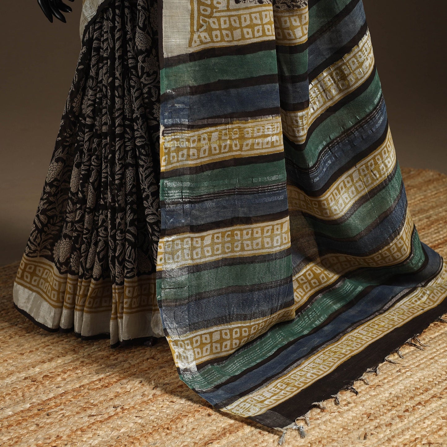 Black - Linen Hand Block Print Bagru Saree with Zari Border 14