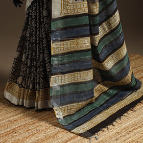 Black - Linen Hand Block Print Bagru Saree with Zari Border 14