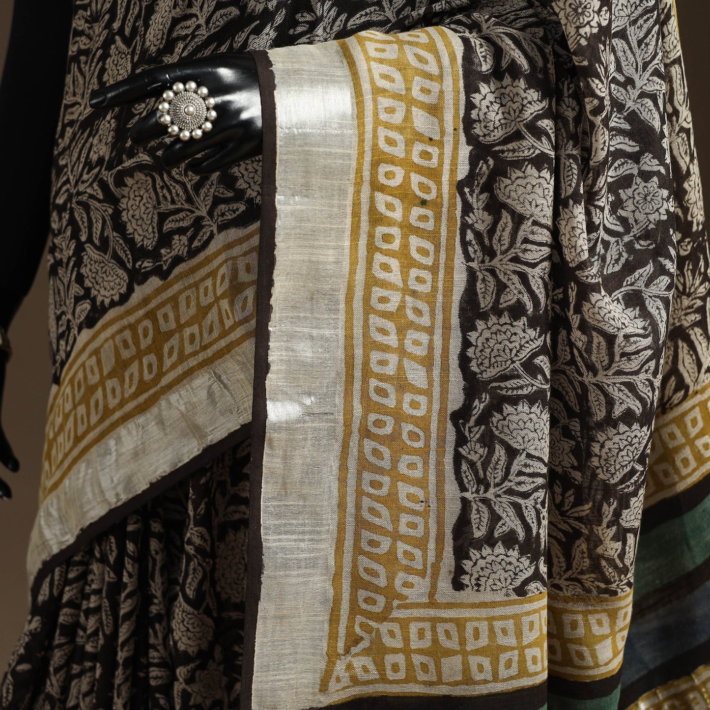 Black - Linen Hand Block Print Bagru Saree with Zari Border 14