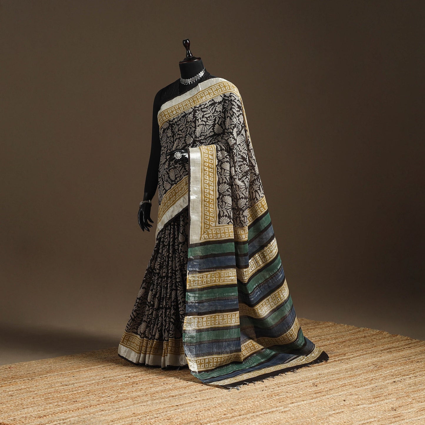 Black - Linen Hand Block Print Bagru Saree with Zari Border 14