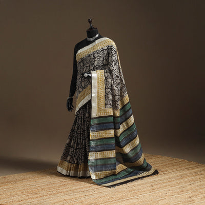 Black - Linen Hand Block Print Bagru Saree with Zari Border 14