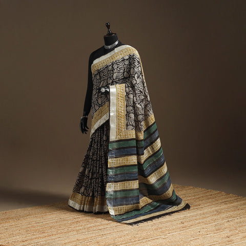 Linen hand batik saree with zari border 14 - handcrafted