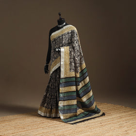 Black - Linen Hand Block Print Bagru Saree with Zari Border 14