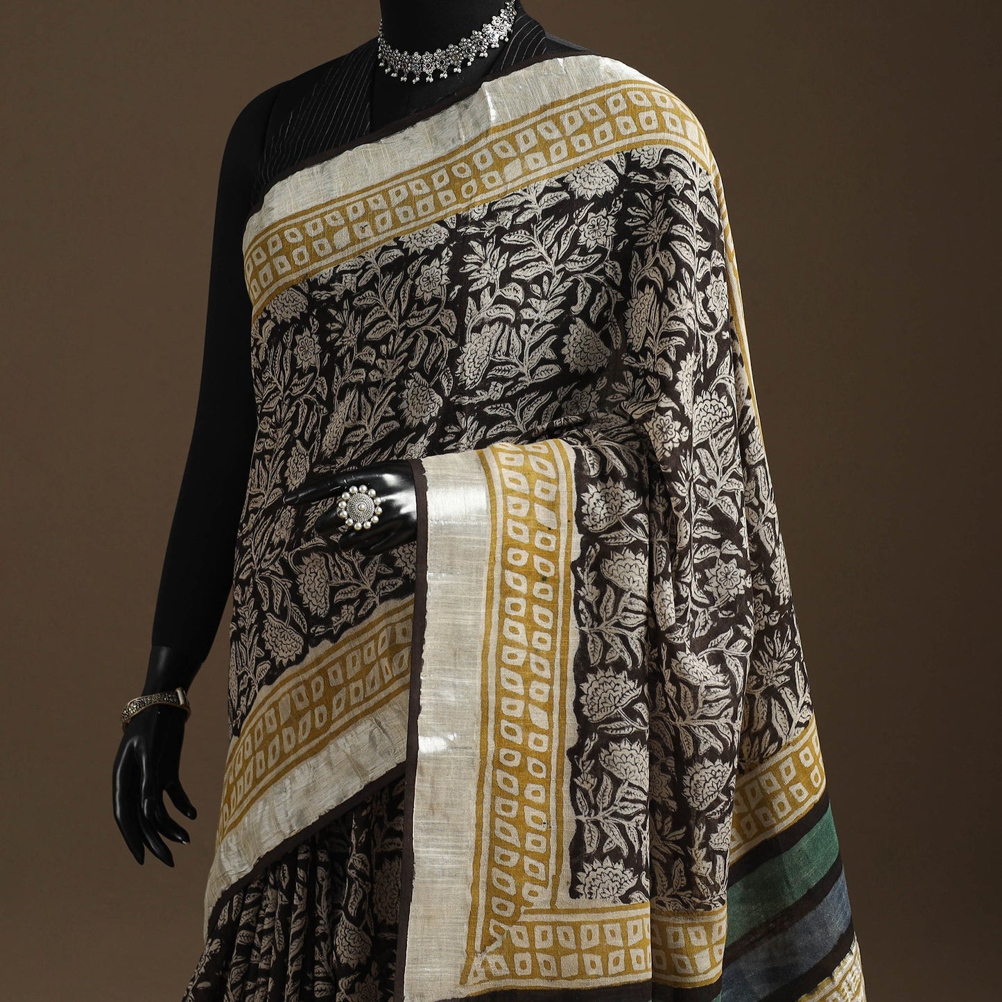 Black - Linen Hand Block Print Bagru Saree with Zari Border 14