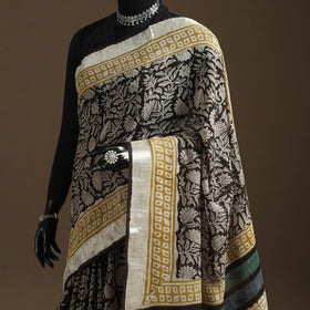 Black - Linen Hand Block Print Bagru Saree with Zari Border 14