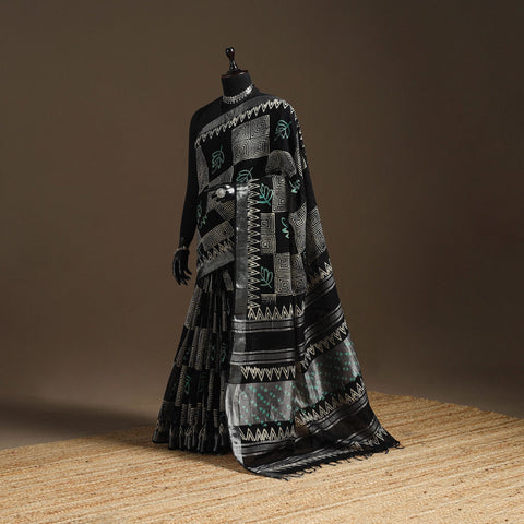 Linen hand batik saree with zari border 15 - handcrafted