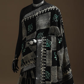 Linen hand batik saree with zari border 15 - handcrafted