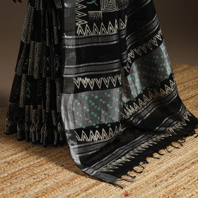 Linen hand batik saree with zari border 15 - handcrafted