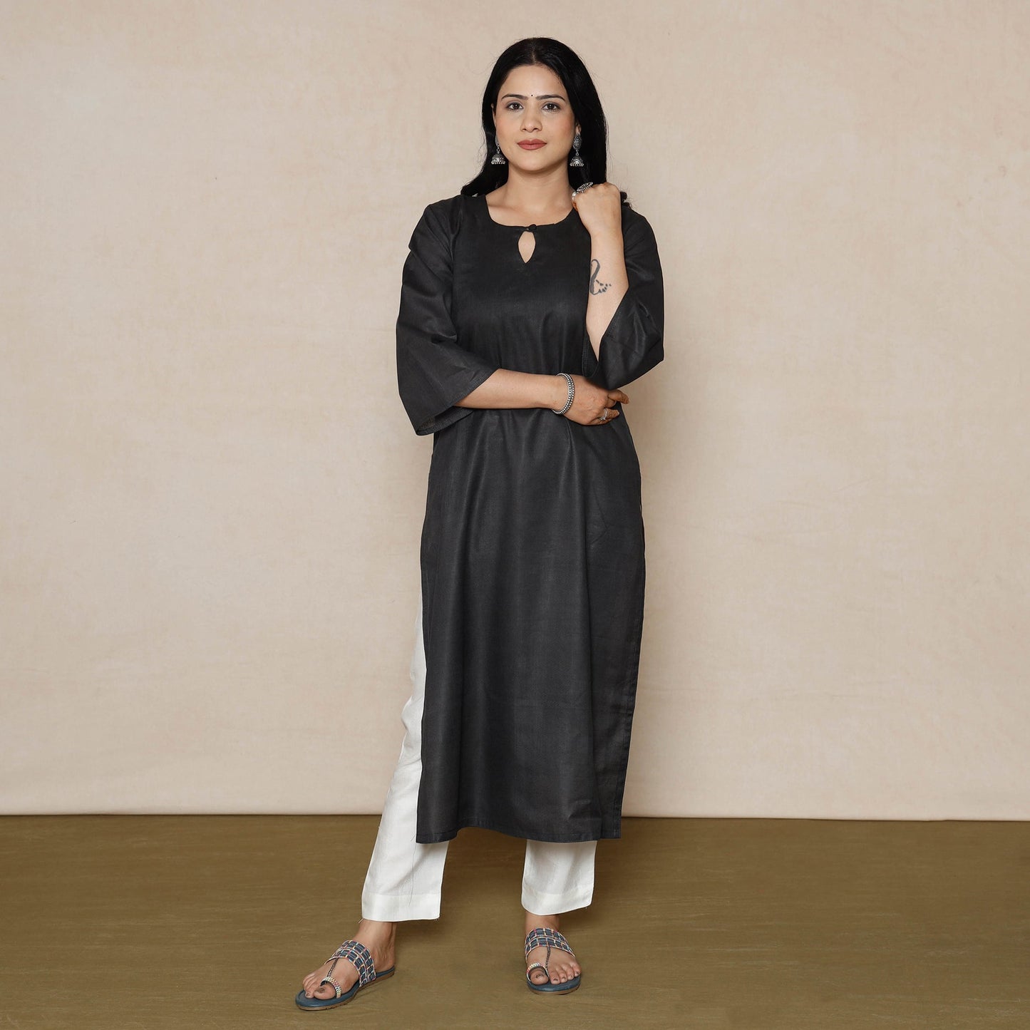Buy Black Linen Viscose Plain Long Kurta for Women