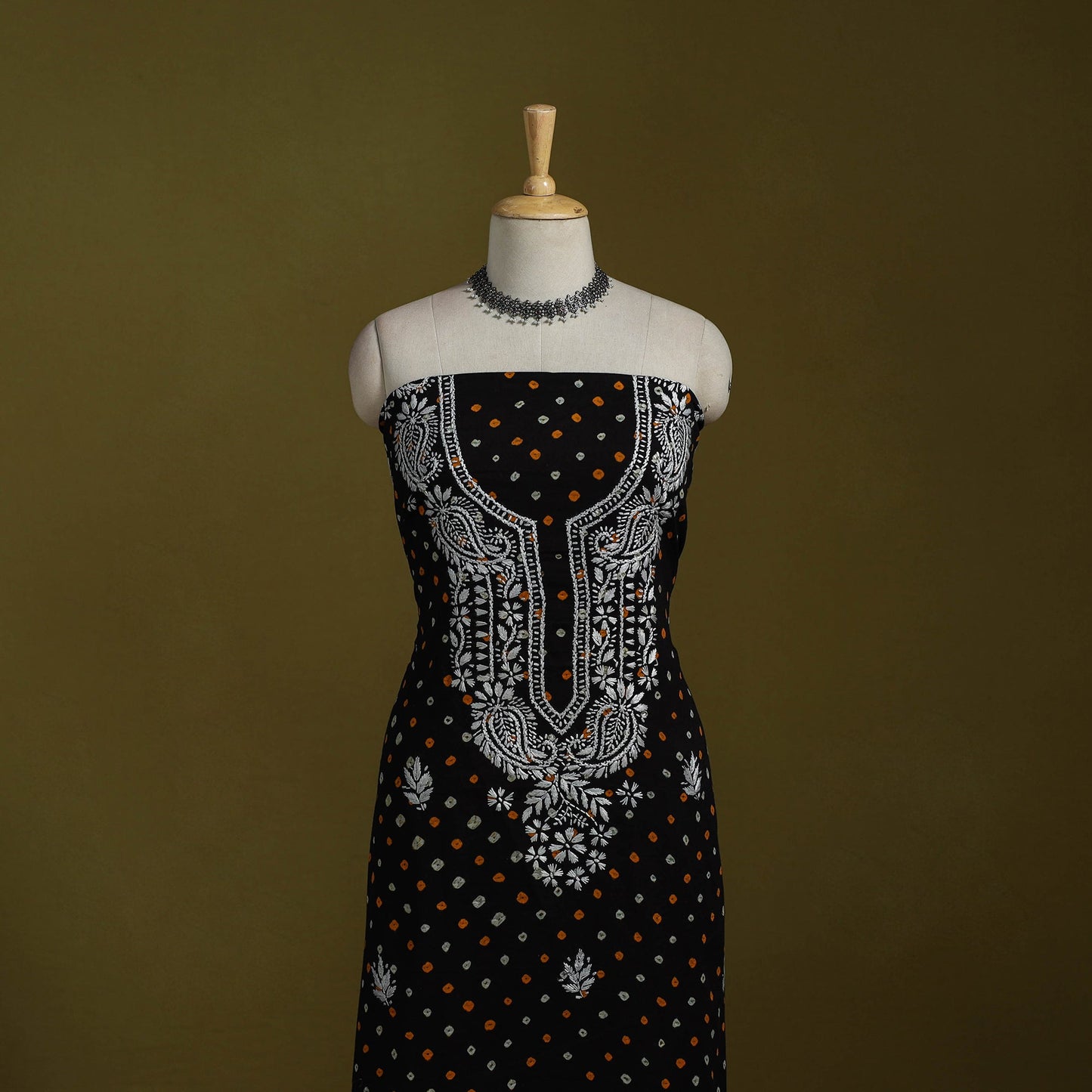 Black - lucknowi chikankari work bandhani unstitched kurta