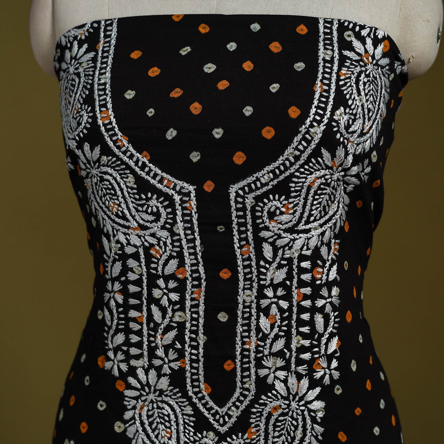 Black - lucknowi chikankari work bandhani unstitched kurta