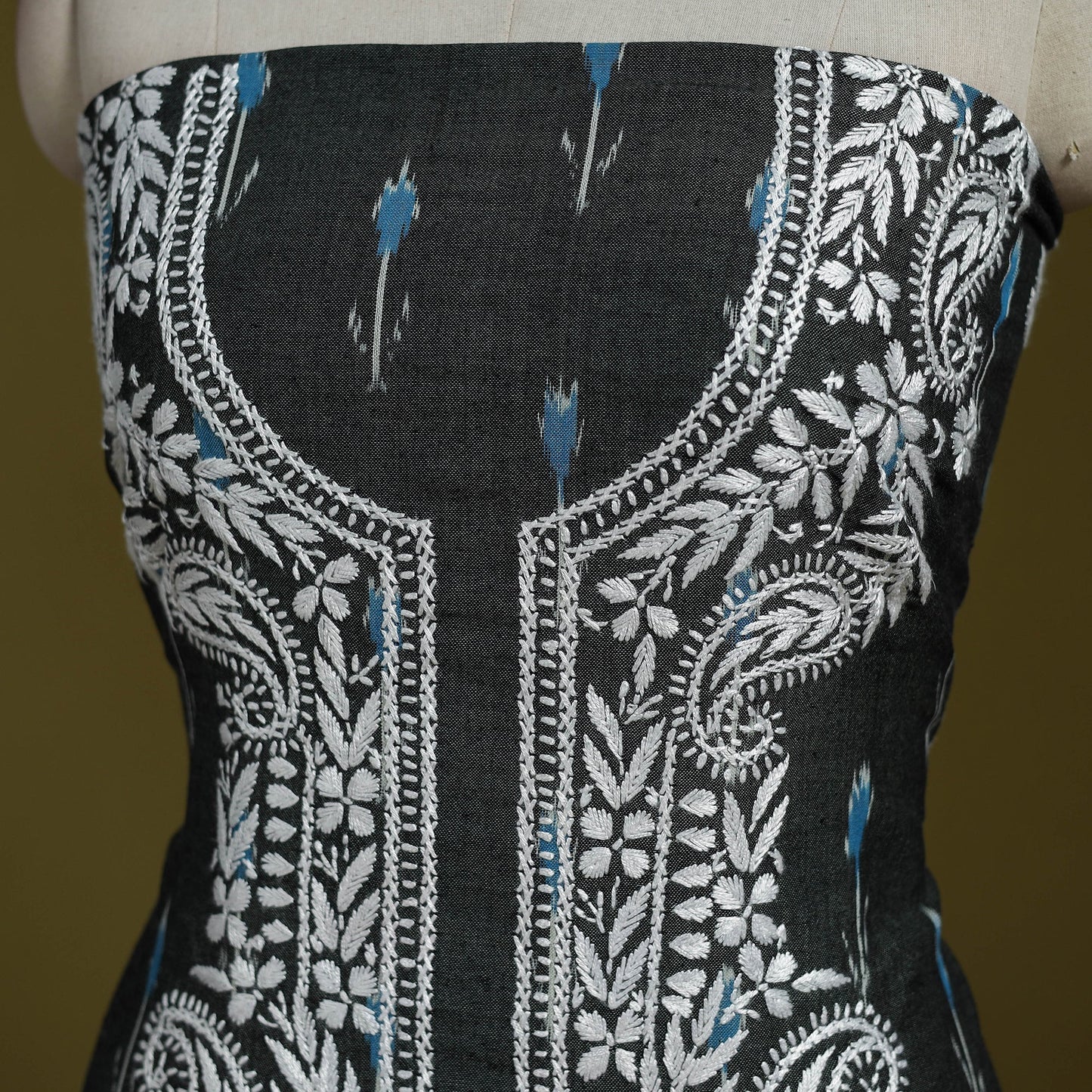 Lucknowi chikankari work pochampally ikat unstitched kurta