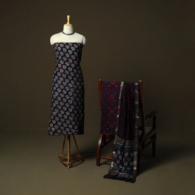 Maheshwari silk hand block ajrakh print 3pc unstitched