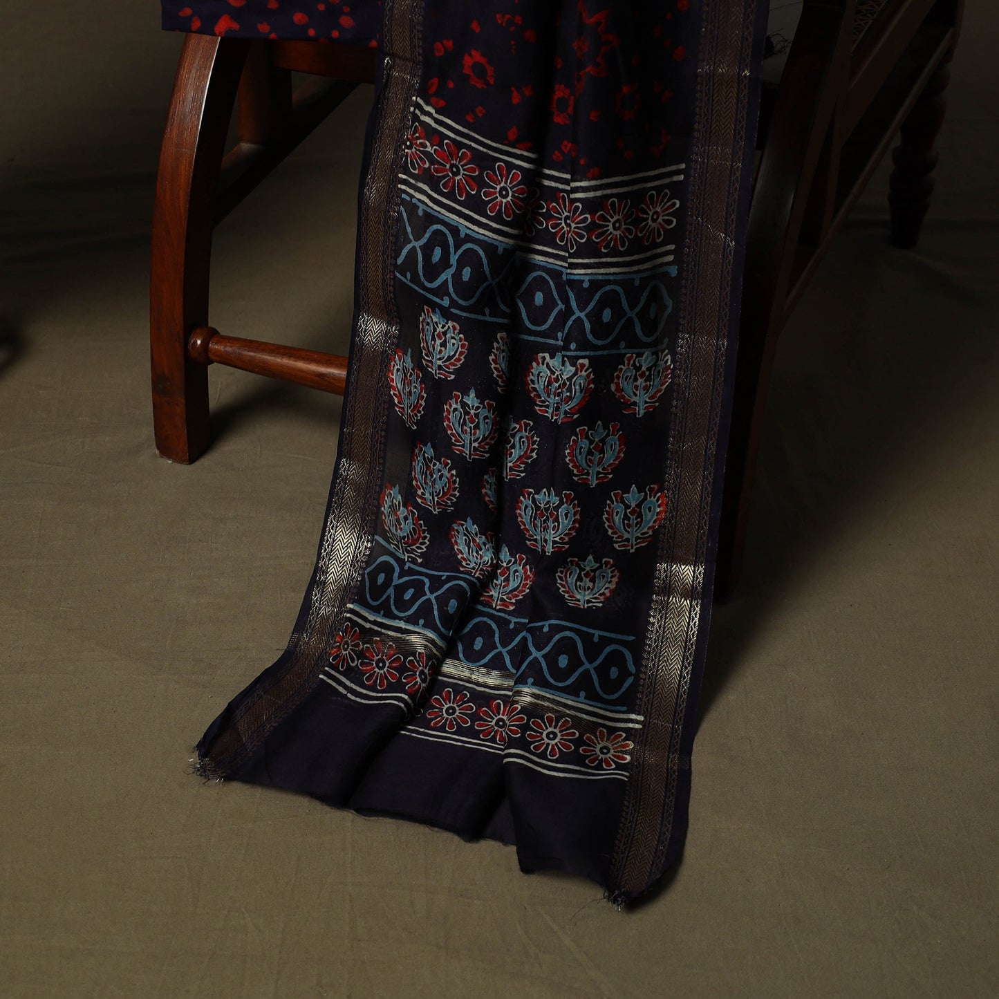 Maheshwari silk hand block ajrakh print 3pc unstitched