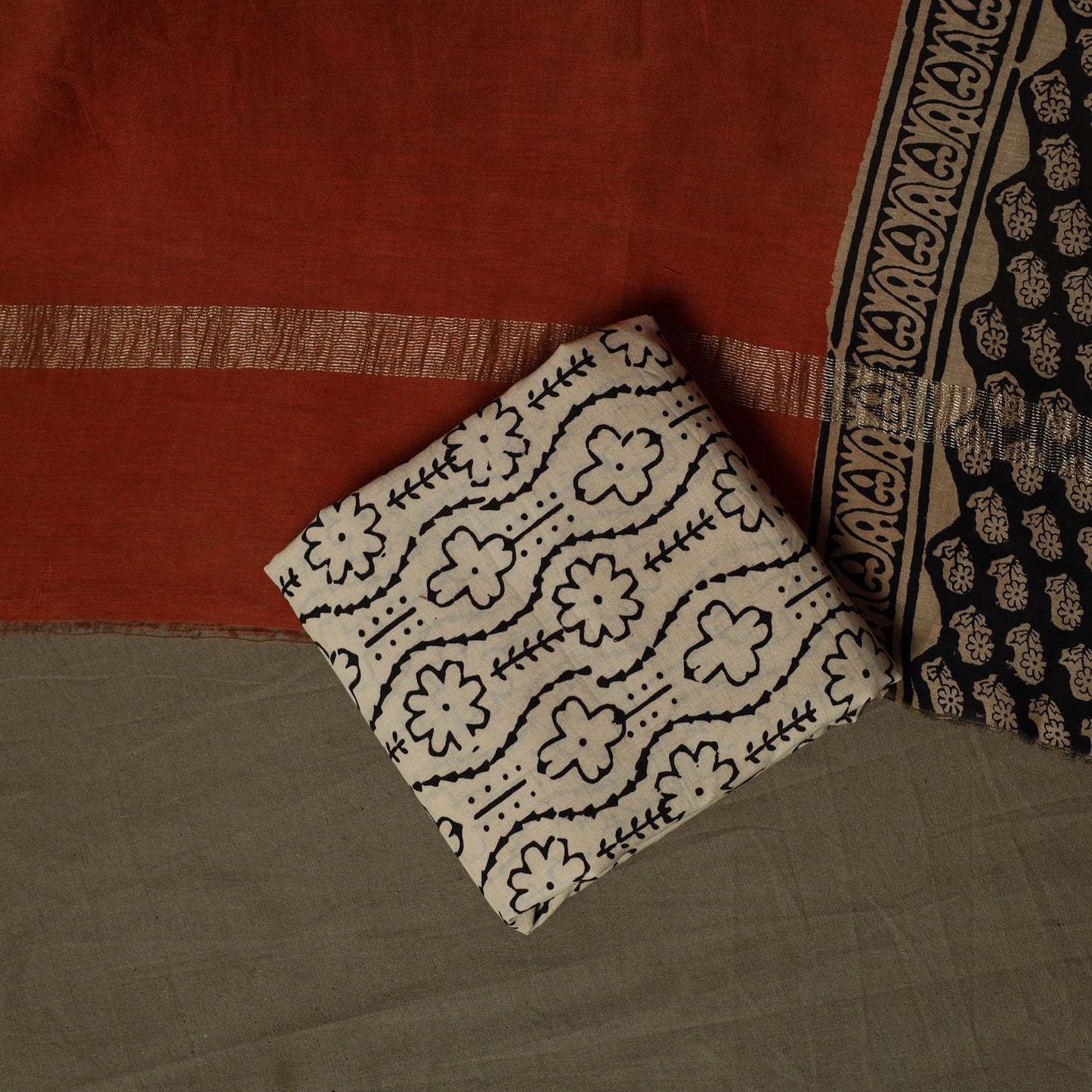 Maheshwari silk hand block bagru print 3pc unstitched dress