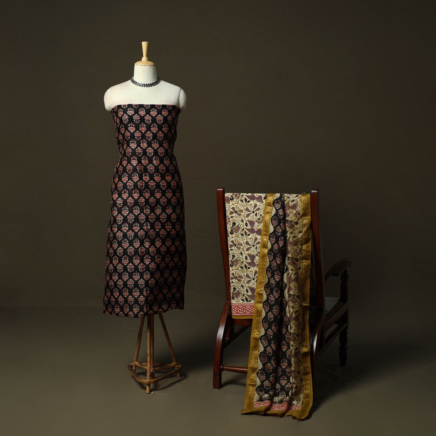 Maheshwari silk hand block bagru print 3pc unstitched dress