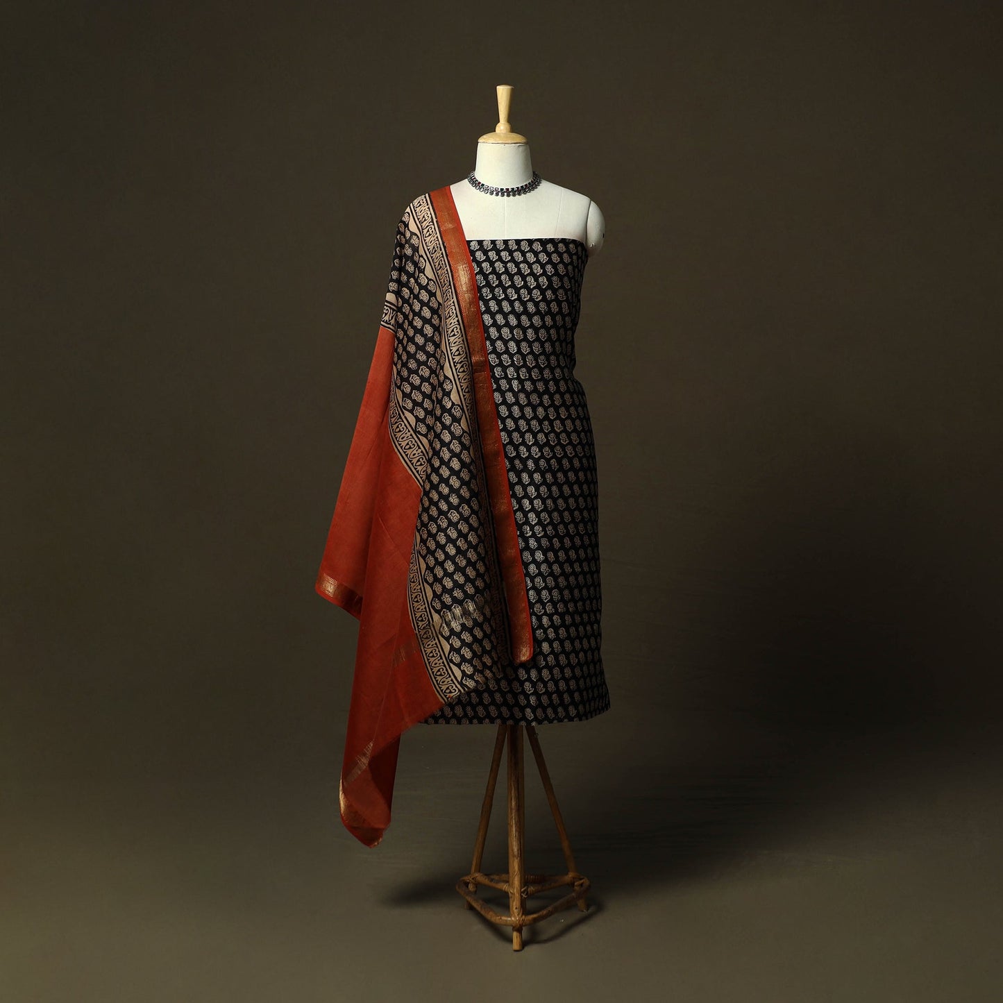 Maheshwari silk hand block bagru print 3pc unstitched dress