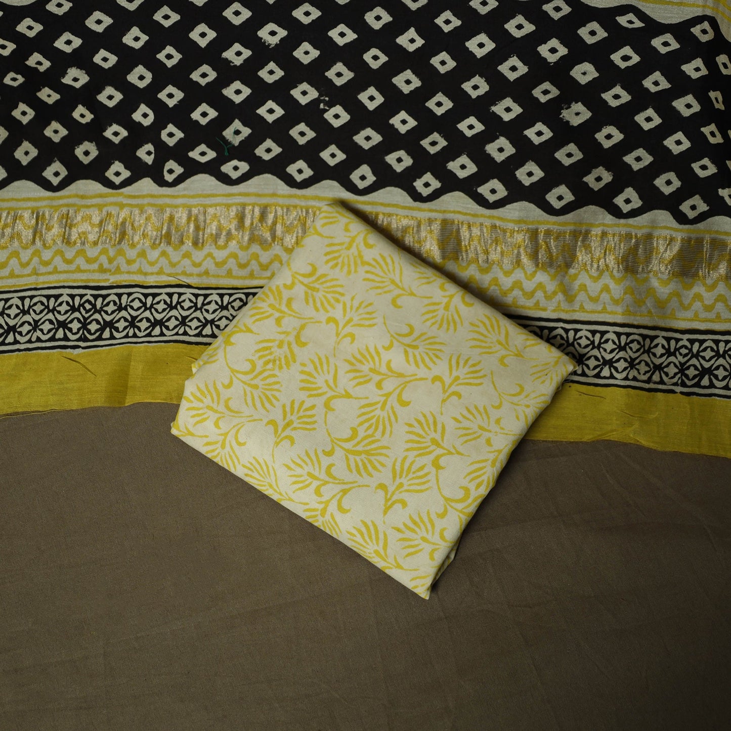 Maheshwari silk hand block bagru print 3pc unstitched dress
