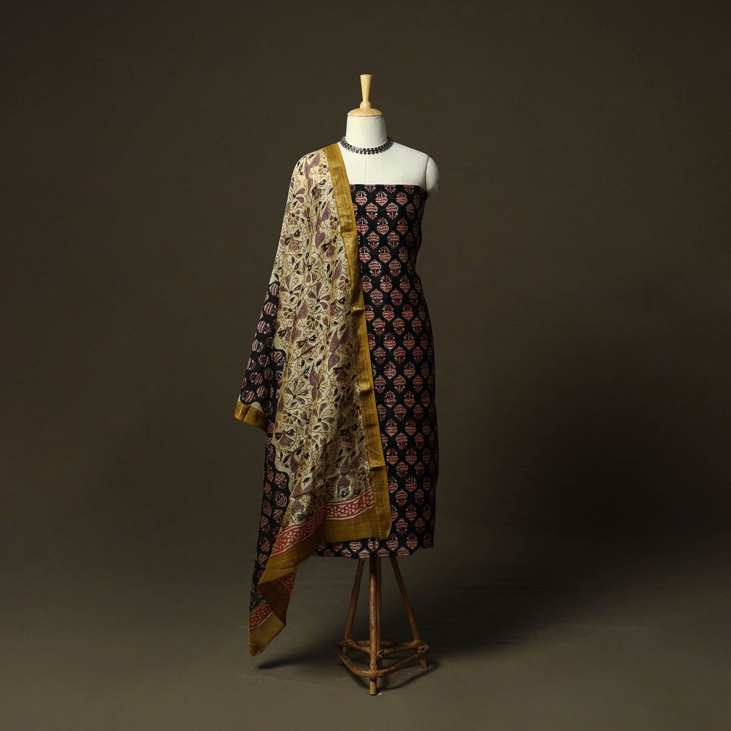 Maheshwari silk hand block bagru print 3pc unstitched dress