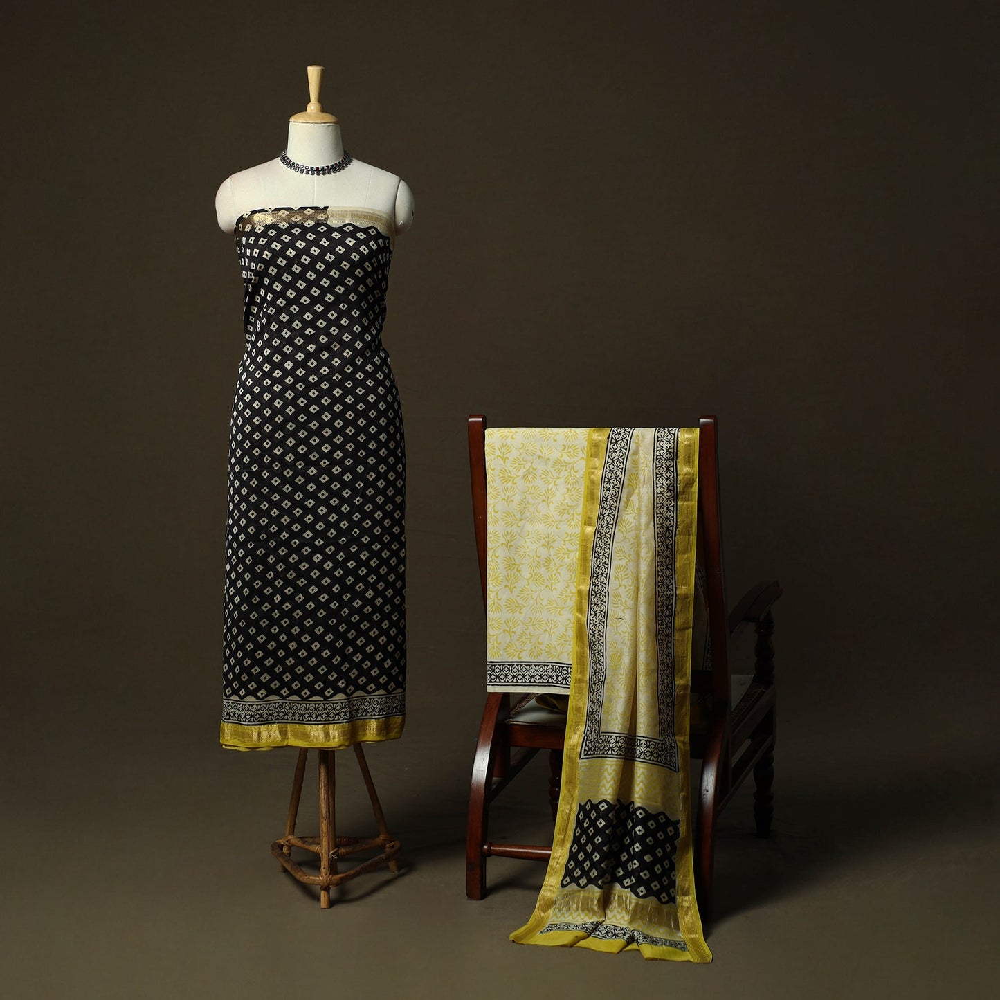 Maheshwari silk hand block bagru print 3pc unstitched dress