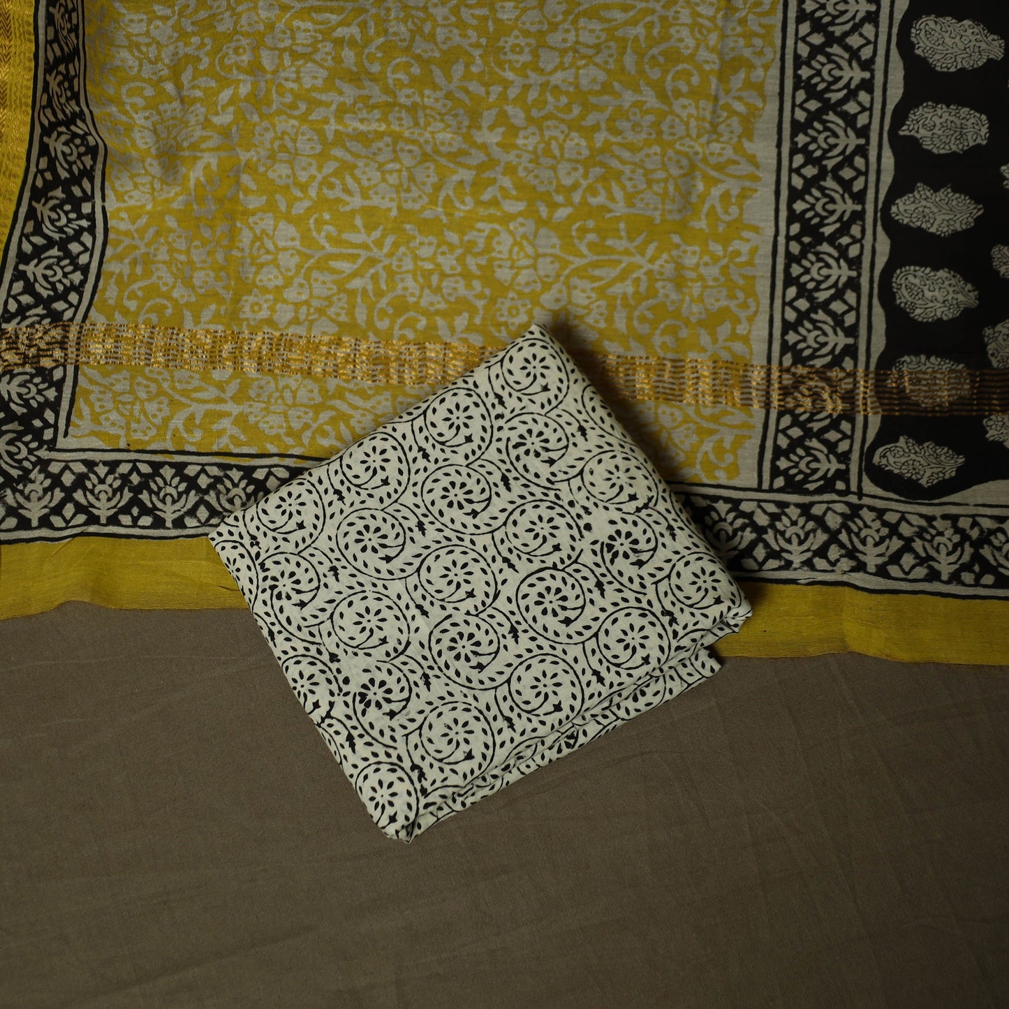 Maheshwari silk hand block bagru print 3pc unstitched dress