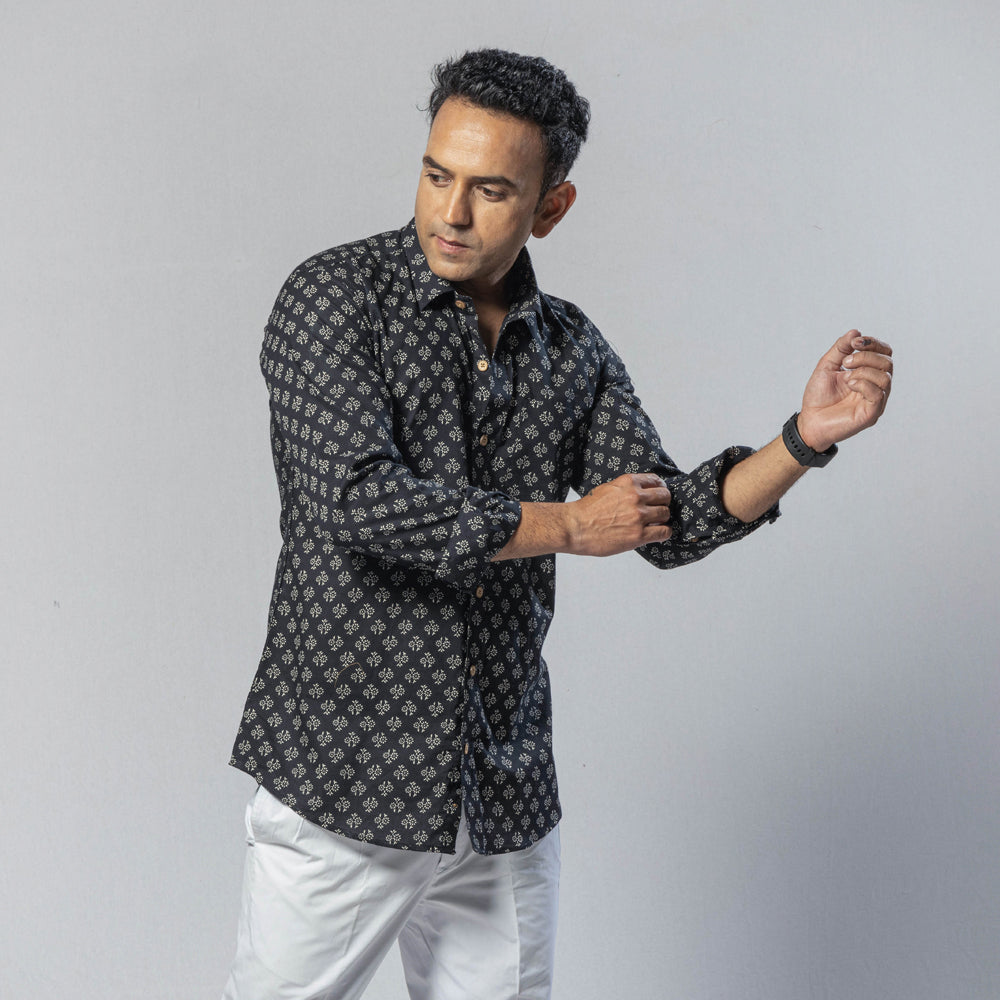 Black - men full sleeve cotton sanganeri printed shirt