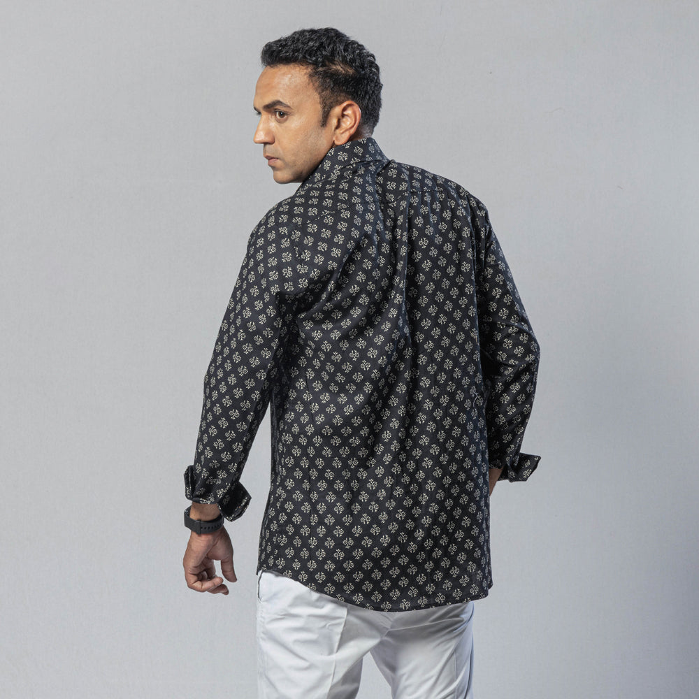 Black - men full sleeve cotton sanganeri printed shirt