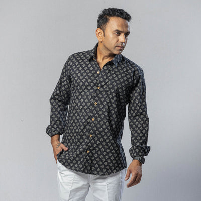 Black - men full sleeve cotton sanganeri printed shirt