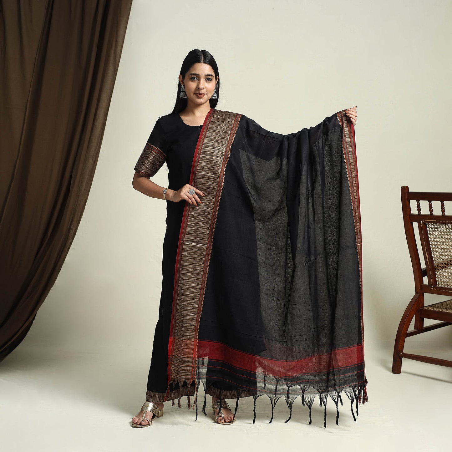 Mercerised Cotton Black Dharwad Kurta Set with Palazzo & Dupatta