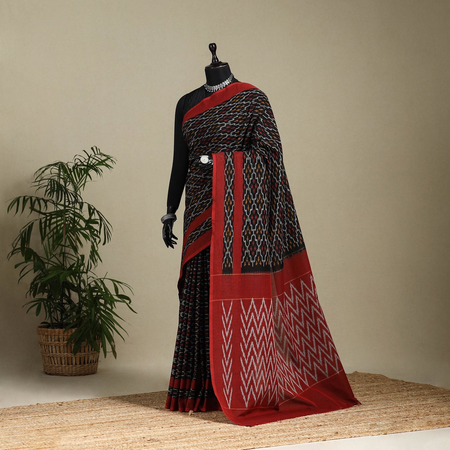 Black - mercerised cotton handloom pochampally ikat saree