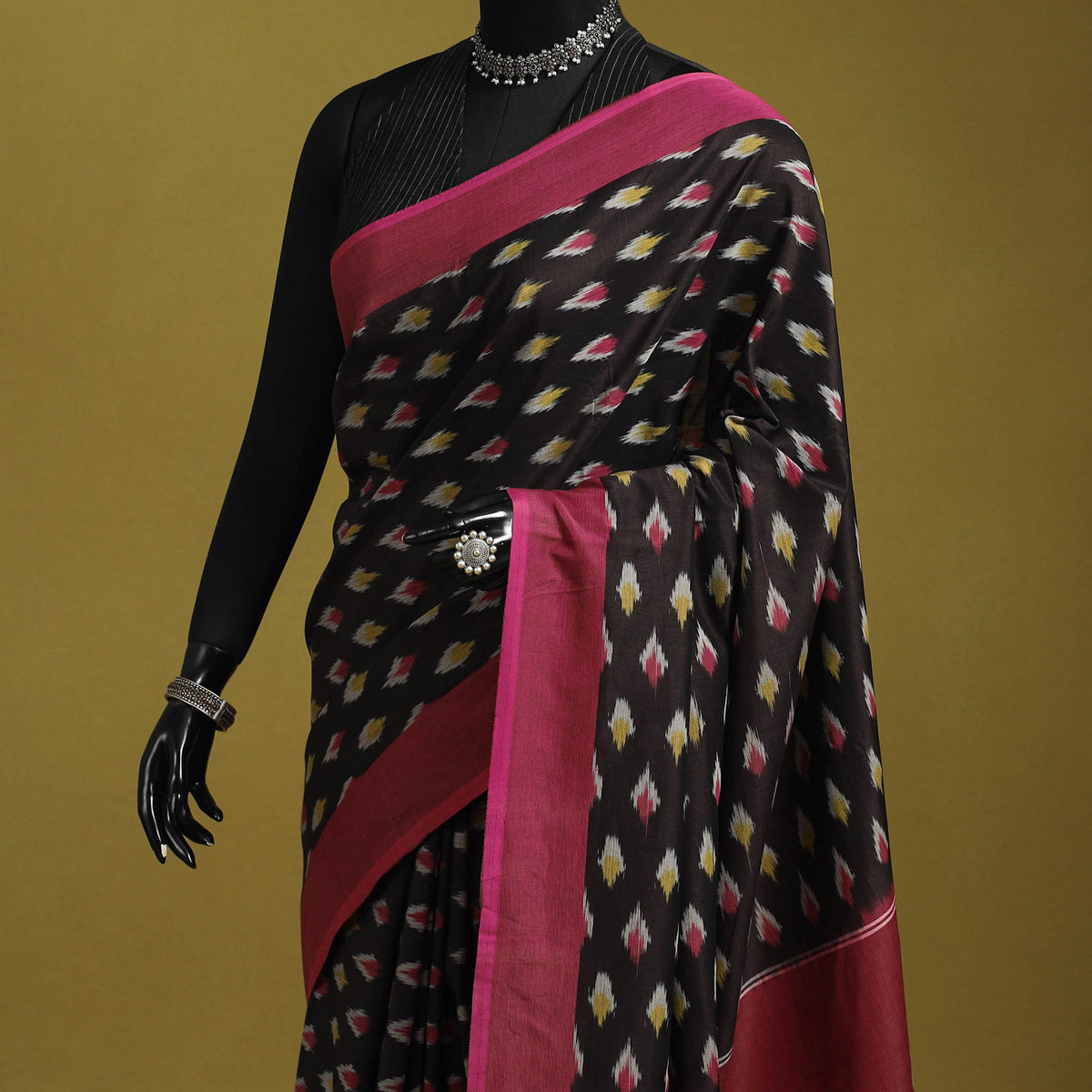 Black - mercerised cotton handloom pochampally ikat saree