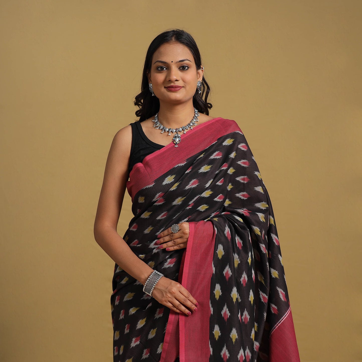 Black Mercerised Cotton Handloom Pochampally Ikat Saree