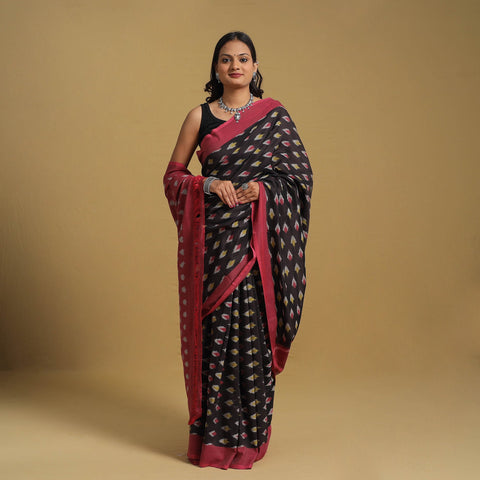 Black Mercerised Cotton Handloom Pochampally Ikat Saree