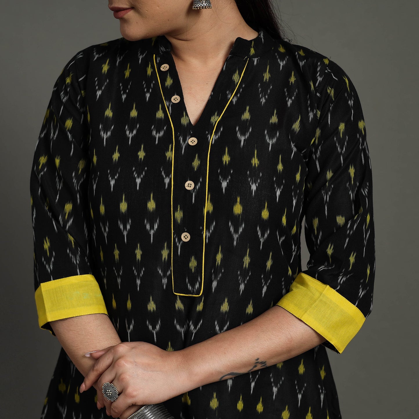  Black Mercerised Cotton A-Line Pochampally Ikat Kurta for Women