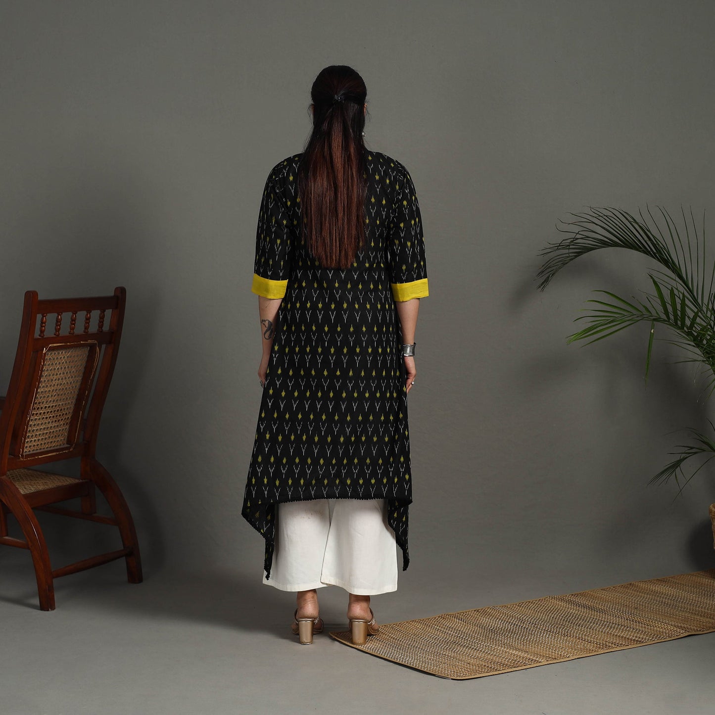  Black Mercerised Cotton A-Line Pochampally Ikat Kurta for Women